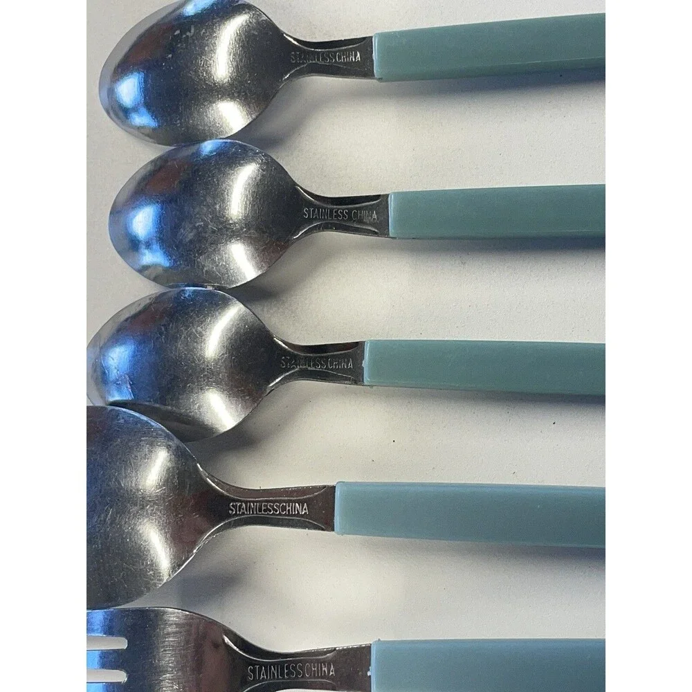 Vintage MCM carve Muffin Style Milky Blue Flatware Fork Spoon Lot Of 5